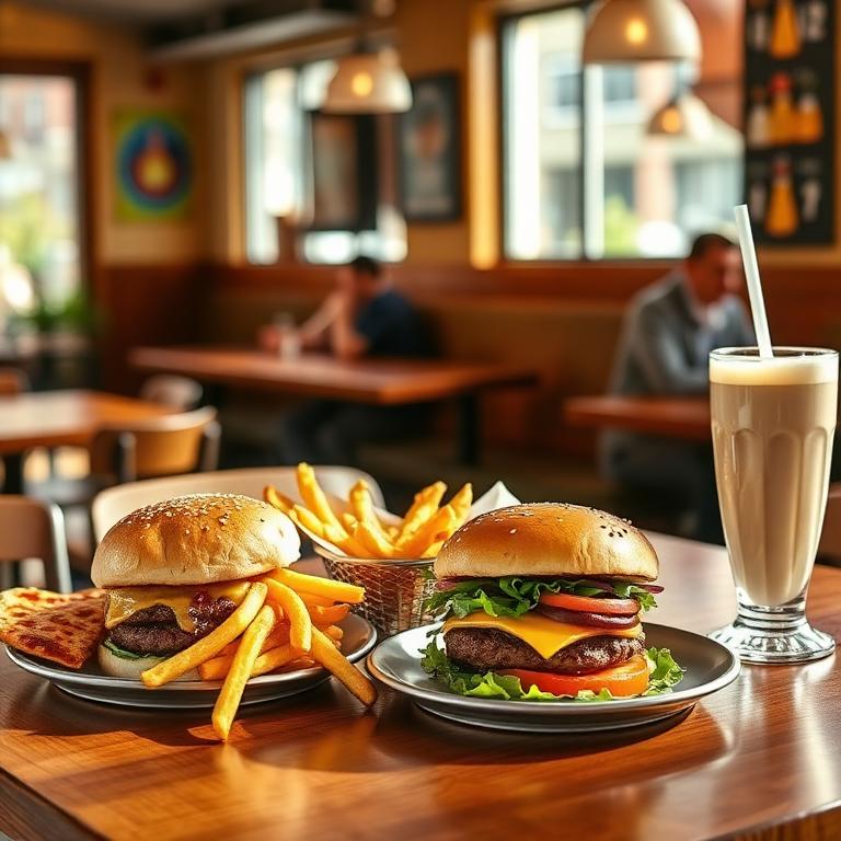 Family-friendly restaurant meal with burgers, fries and milkshakes