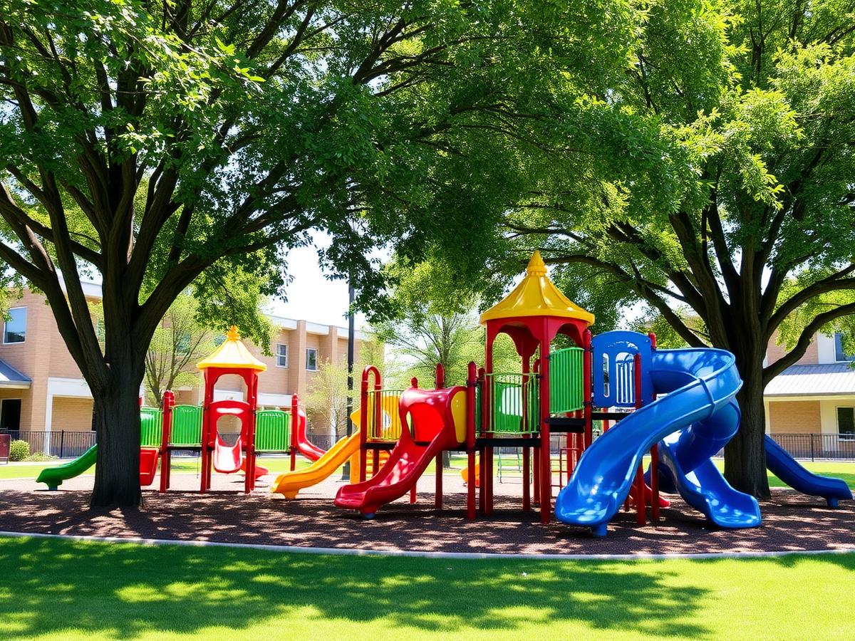 Representative image of a family playground with slides, climbing structures and green space