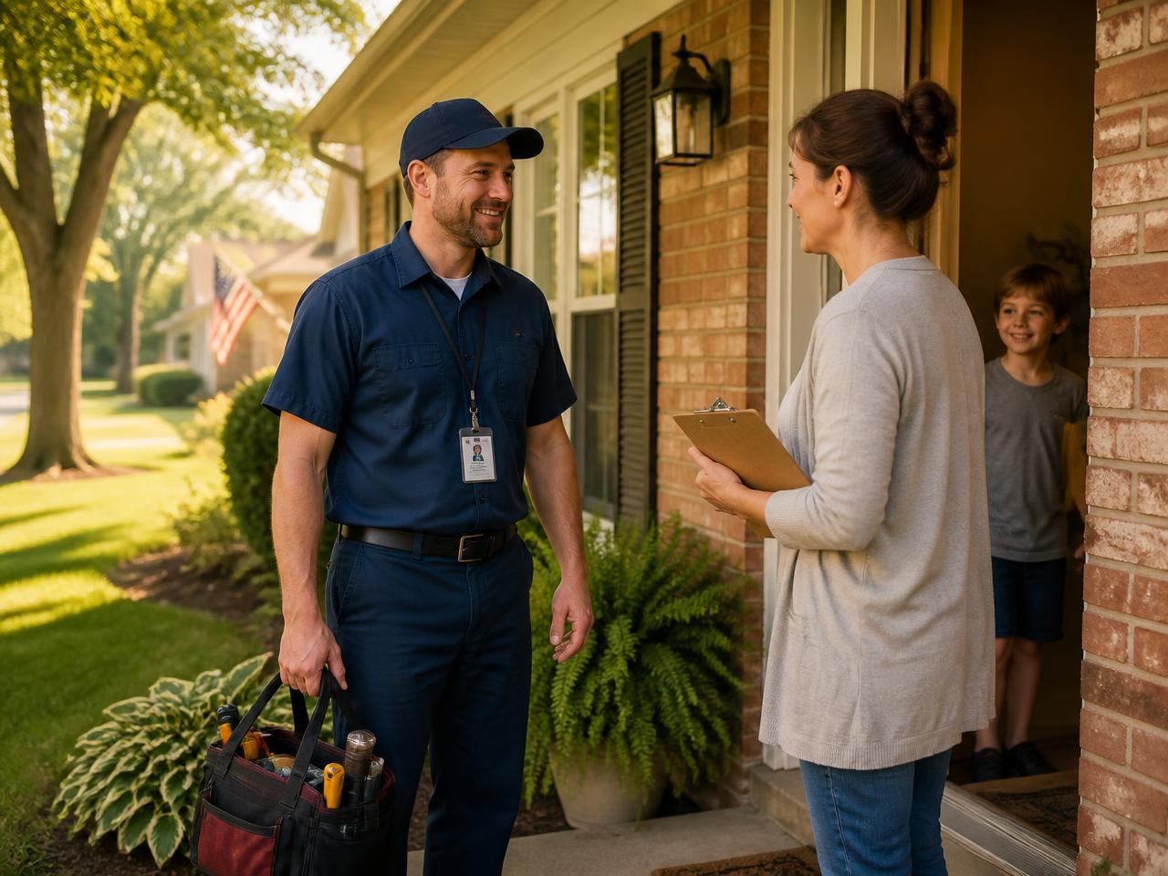 A home service professional talking with a homeowner on the front porch of a North Metro Atlanta house while her child looks on